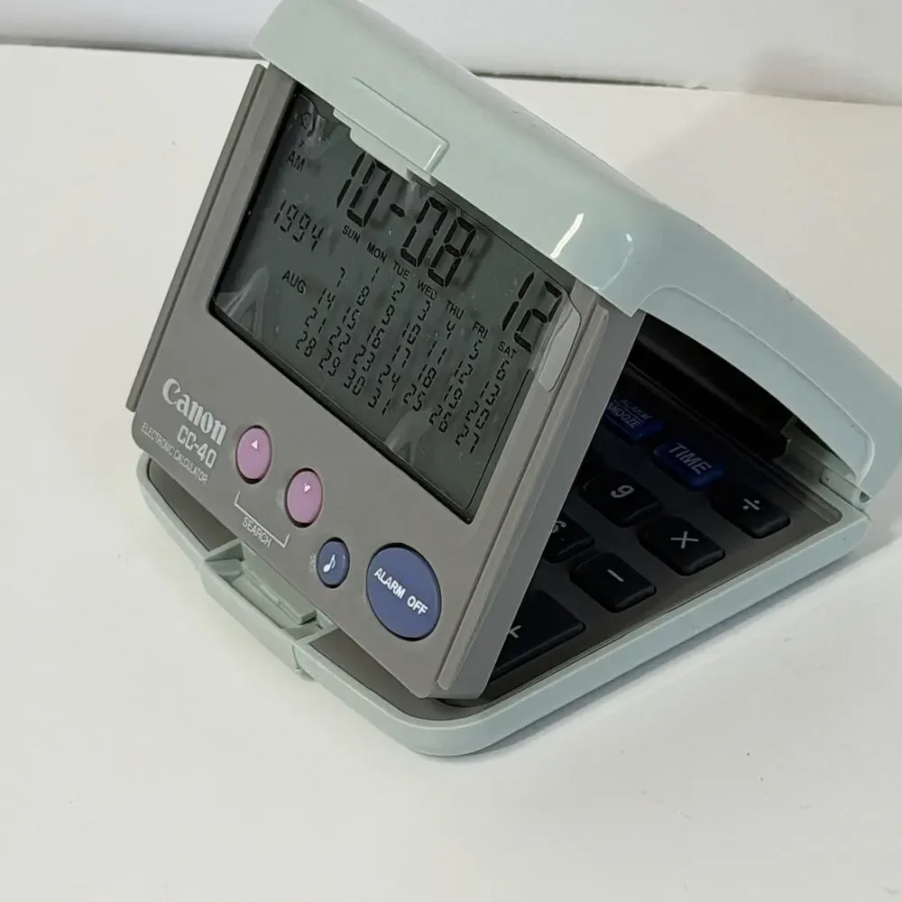 Canon CC-40 Alarm Clock Calculator Foldable Travel NOS Gray Pink Blue
